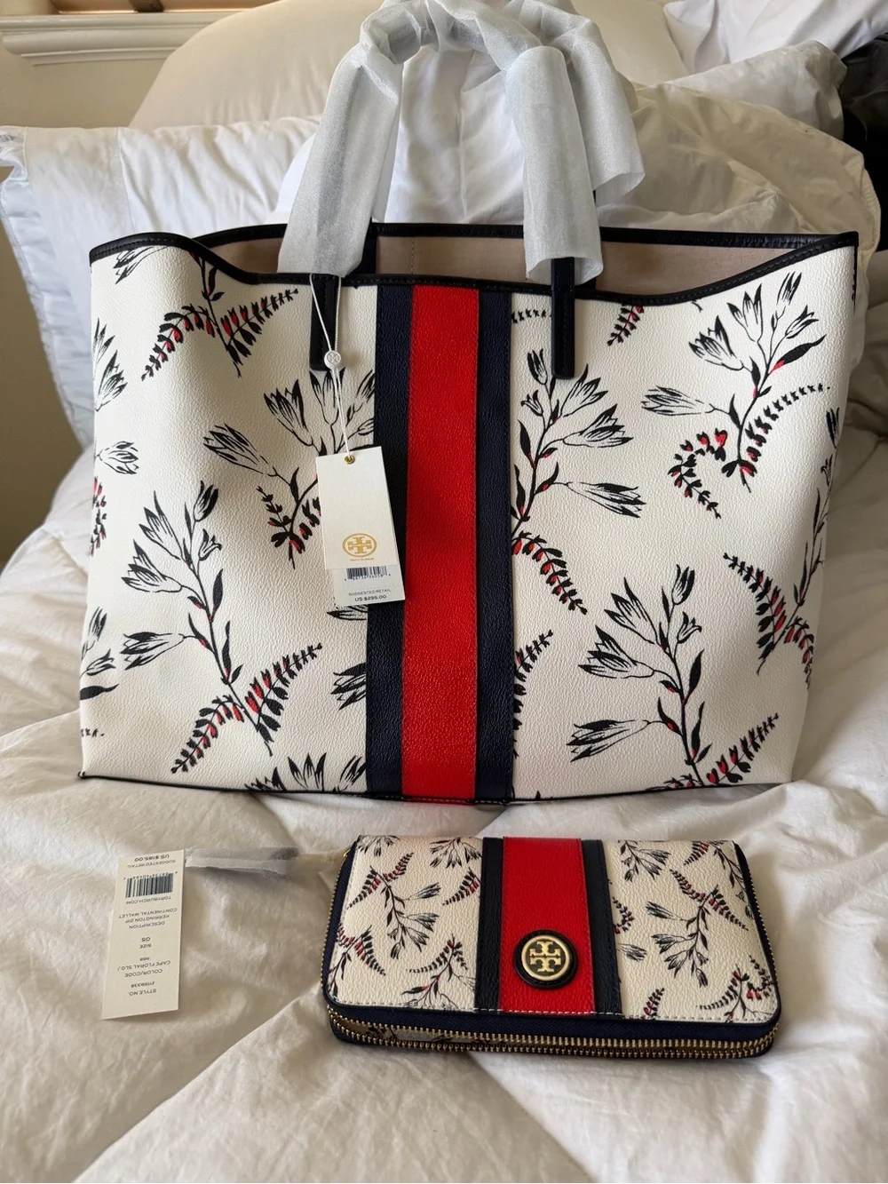 NWT Tory Burch Floral Stripe Kerrington Tote Bag and Wallet Set